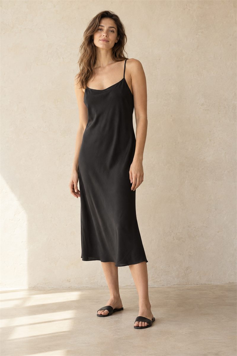 Black slip dress on an adult model