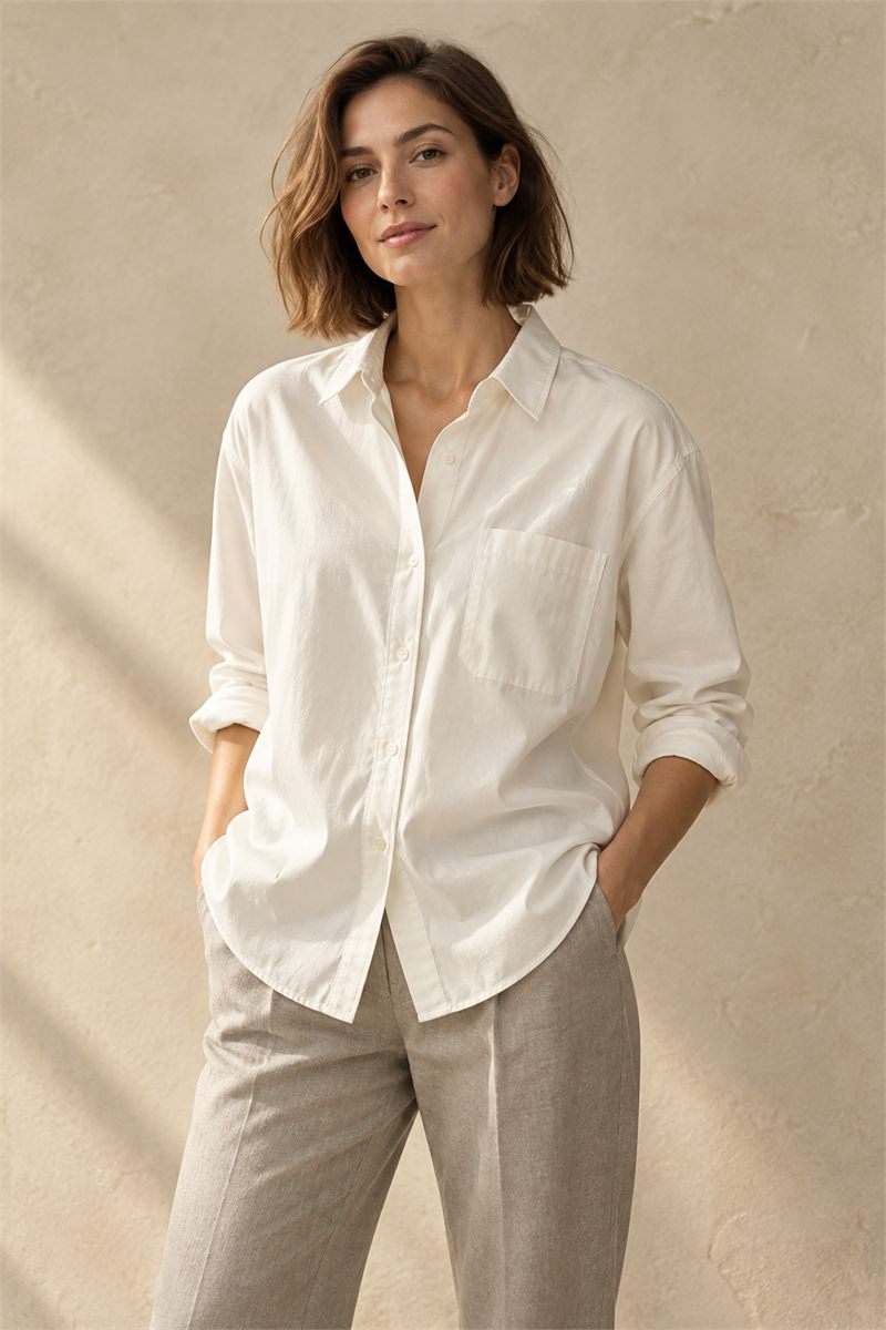 Cream poplin shirt in an illustrative storefront