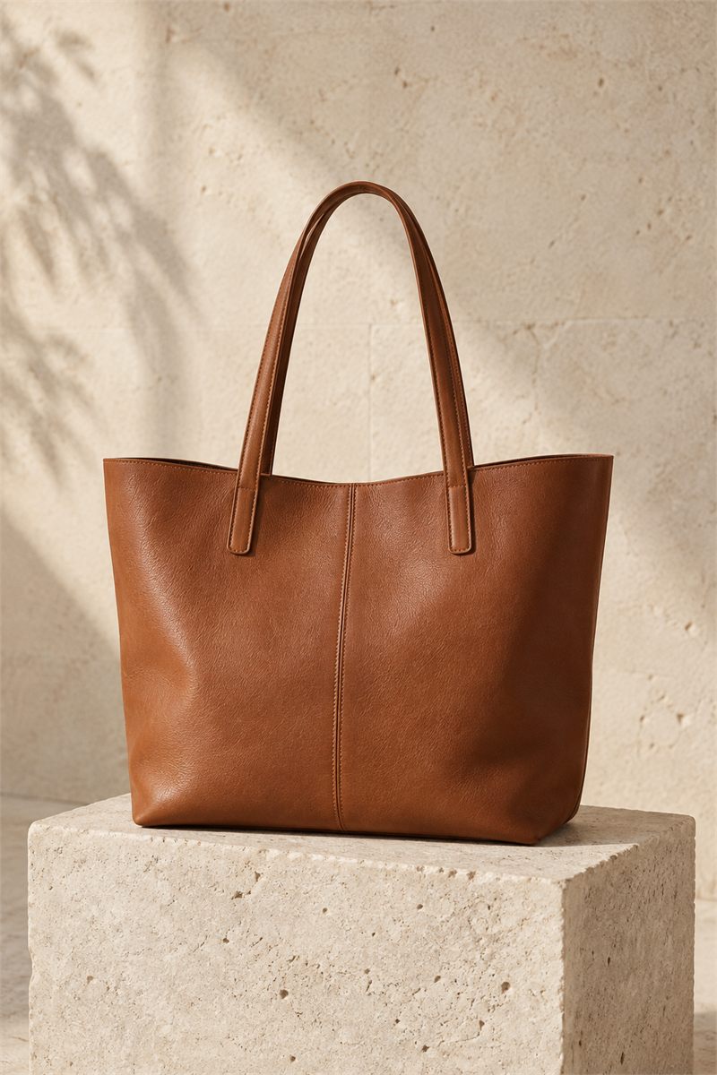 Cognac leather tote on a stone plinth